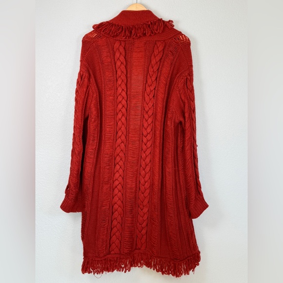 4SI3NNA Red/Orange Fringed Chunky Cable Knit Cardigan Sweater Medium - Picture 6 of 11